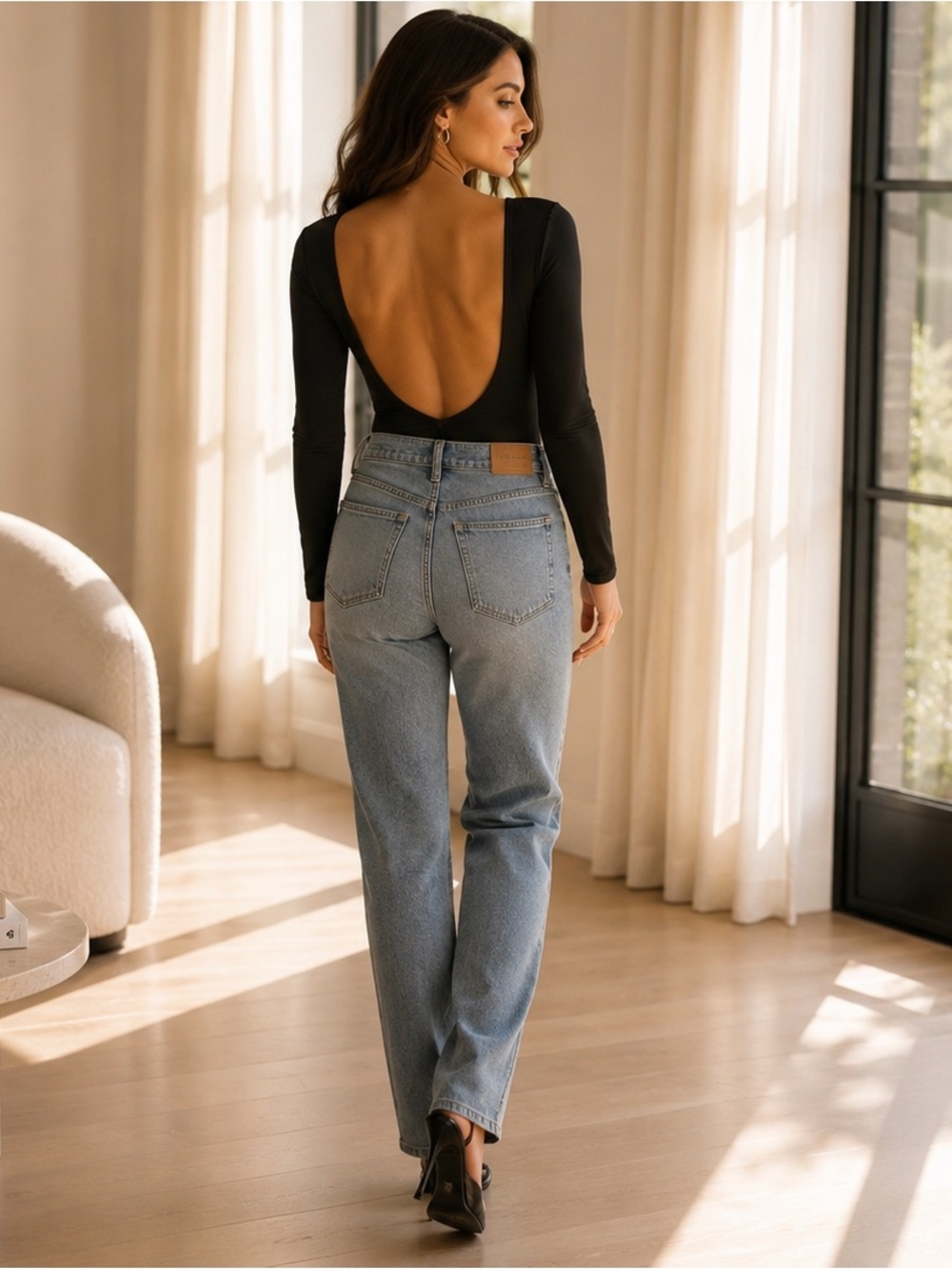 SHEIN Black Backless Long Sleeve Bodysuit Open Back Minimalist Size Large